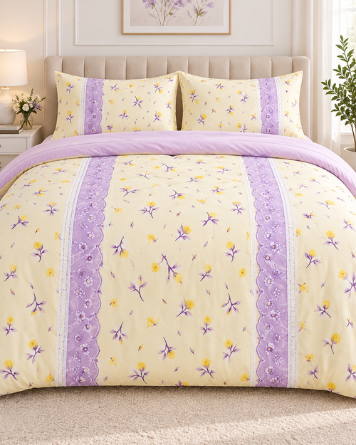 Lençol de Malha 100% Algodão com Elástico – Floral Amarelo e Lilás