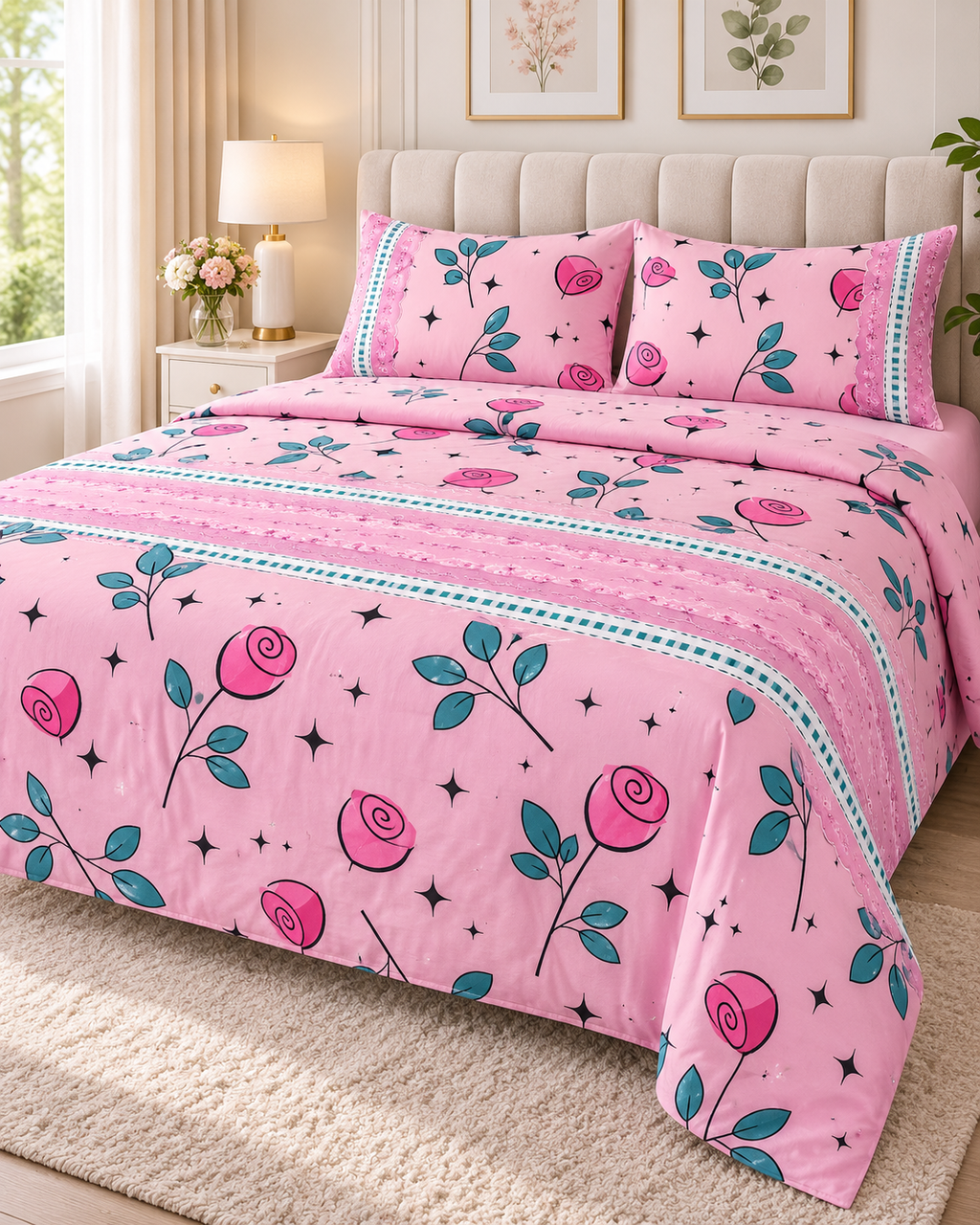 Lençol de Malha 100% Algodão com Elástico – Rosas Pink