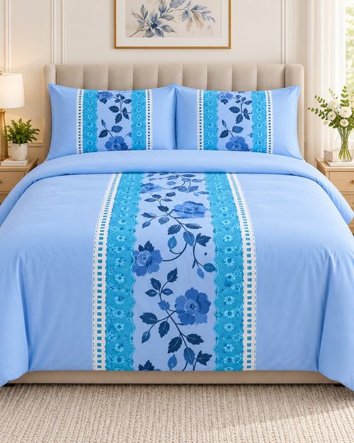Lençol de Malha 100% Algodão com Elástico – Floral Azul-Claro