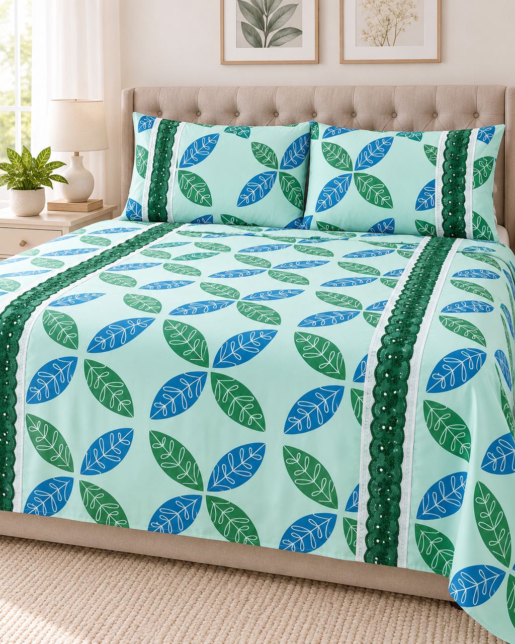 Lençol de Malha 100% Algodão com Elástico – Folhagem Verde e Azul