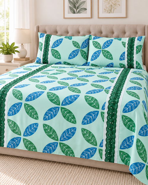 Lençol de Malha 100% Algodão com Elástico – Folhagem Verde e Azul