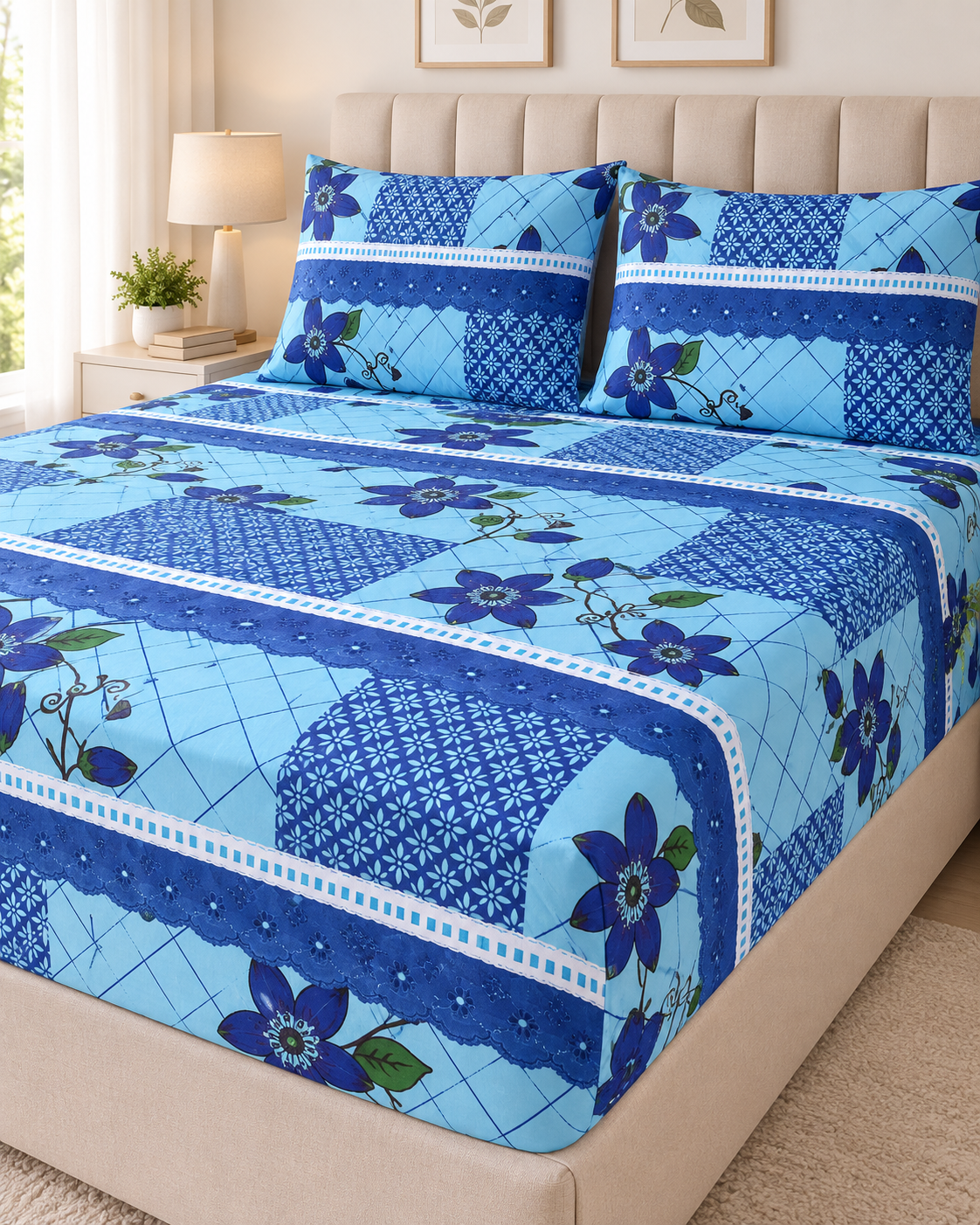 Lençol de Malha 100% Algodão com Elástico – Patchwork Floral Azul