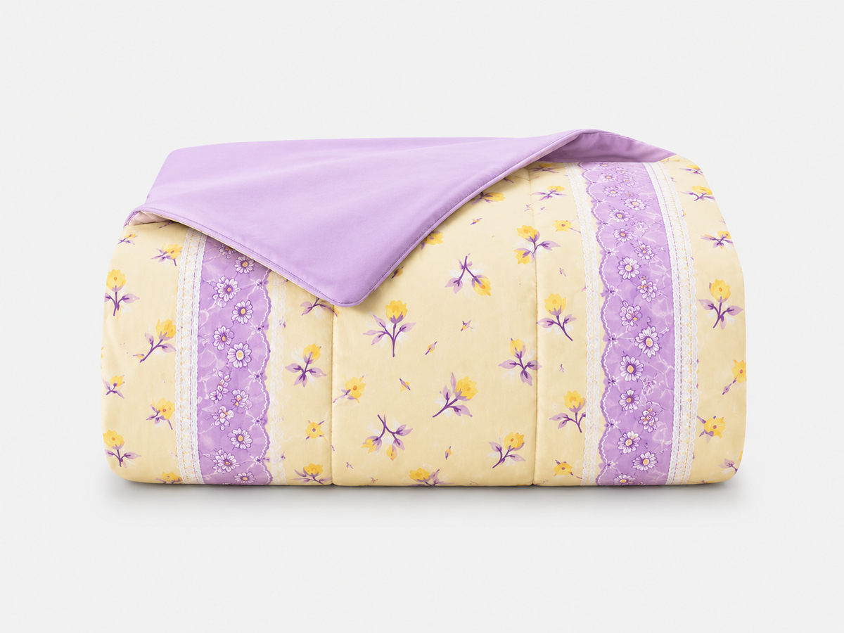 Lençol de Malha 100% Algodão com Elástico – Floral Amarelo e Lilás