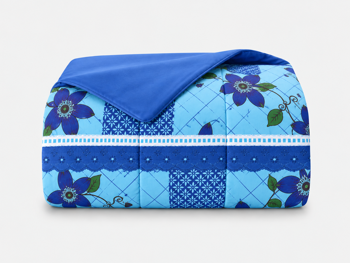 Lençol de Malha 100% Algodão com Elástico – Patchwork Floral Azul